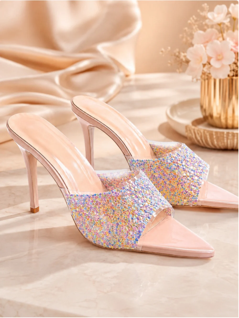 New Glitter PVC Stiletto Pointed-Toe Mule Heels